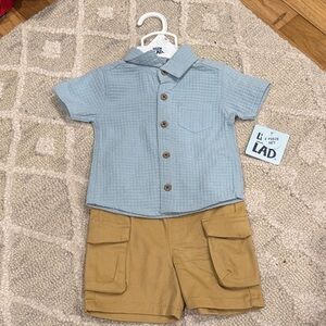 Blue button down collared Shirt and Tan Shorts Set for baby boys